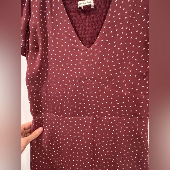 Abercrombie Mauve Polka Dot Fit Flare Mini Dress Smocked Back Pockets Size S - Picture 7 of 15